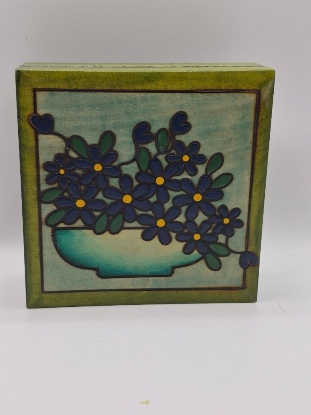 Handcrafted Wooden Trinket Box Floral  Green Blue Accents Red Velvet Interior